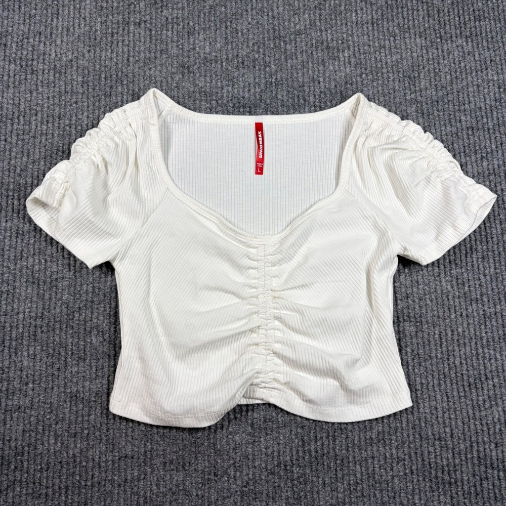 Unionbay Shirt Womens L White Ribbed Ruched Front Short Sleeve Crop Top